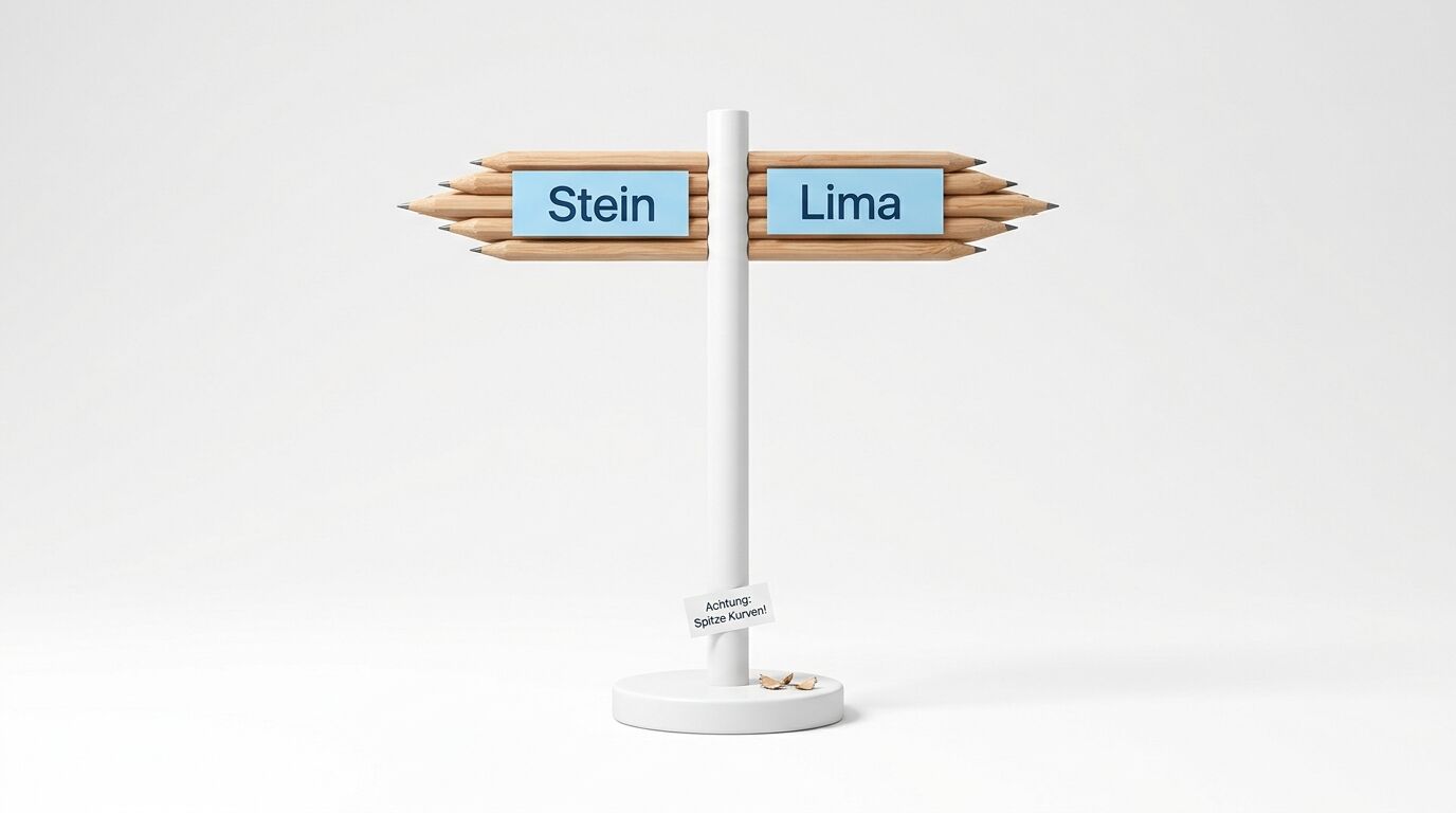 Wegweiser aus Stiften mit Texttafeln „Stein“ und „Lima“, darunter Warnschild und Anspitzreste