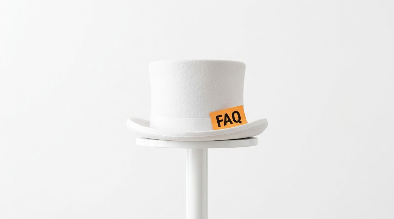 Ein weißer Zylinder auf einem Ständer mit einem orangefarbenen Schild, das die Aufschrift „FAQ“ trägt