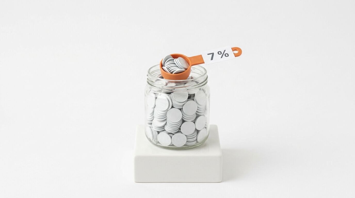 Glas voller runder Plättchen und Löffel mit „7 %“ auf einem Sockel, weißer Grund