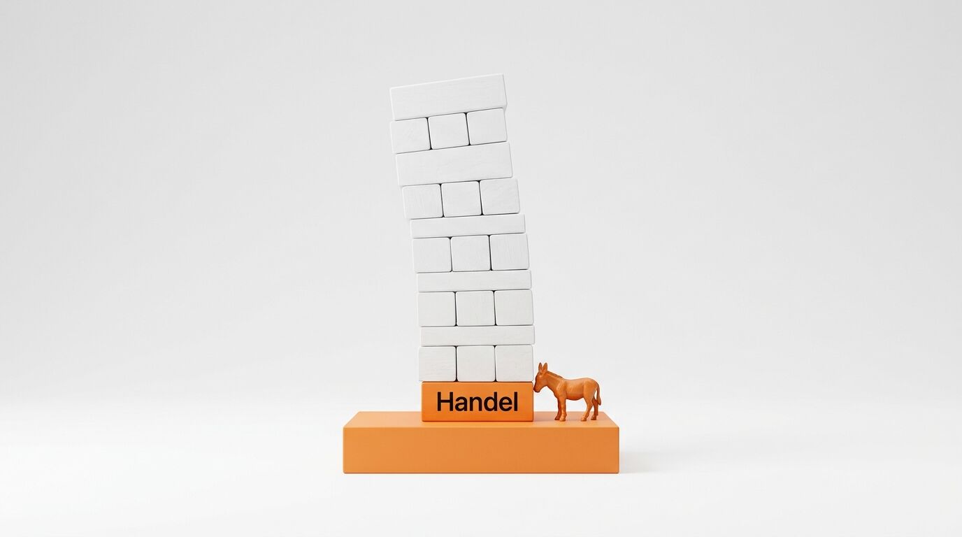 Esel und Turm aus Holzklötzen auf Sockel mit Aufschrift „Handel“ vor grauem Hintergrund