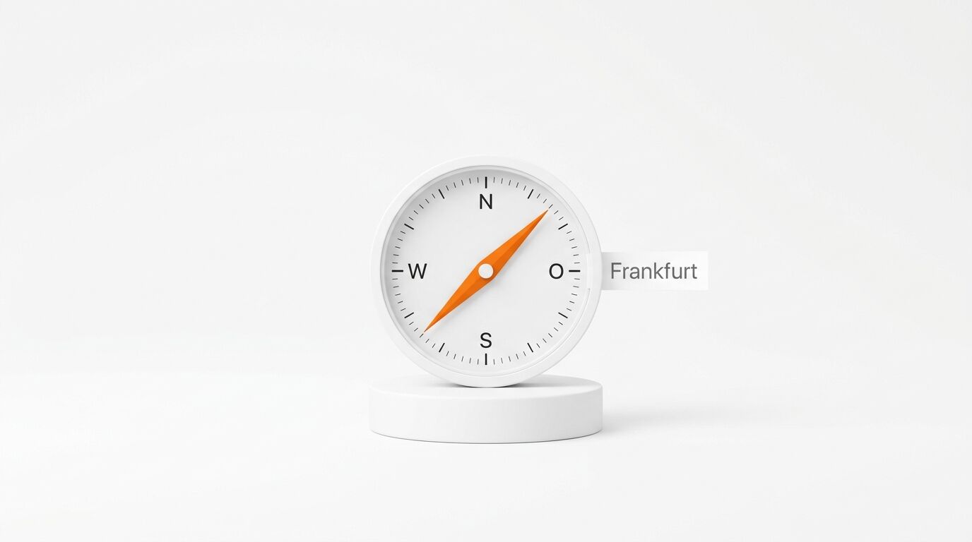 Weißer Kompass mit oranger Nadel auf Sockel und Schild „Frankfurt“ vor weißem Grund