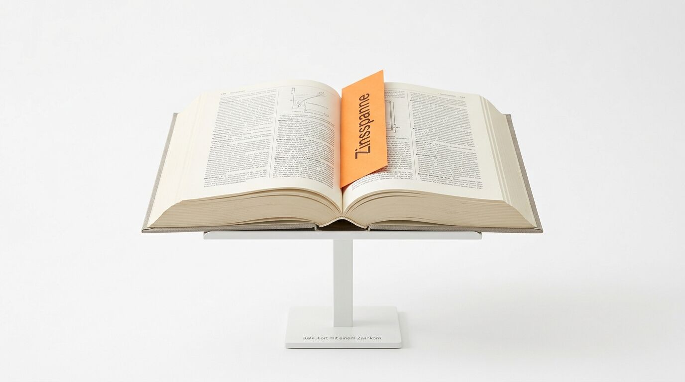 Ein aufgeschlagenes Buch auf einem weißen Ständer mit einem orangefarbenen Zettel