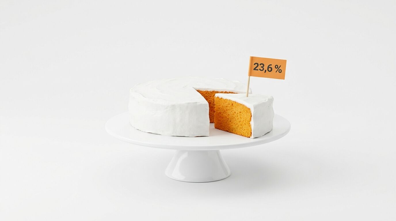 Orangener Torte mit weißer Glasur auf Tortenplatte, Stück leicht abgerückt, Fähnchen mit 23,6%