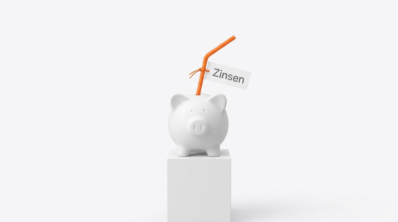 Ein weißes Sparschwein auf einem Sockel mit einem Strohhalm und einem Schild mit der Aufschrift Zinsen
