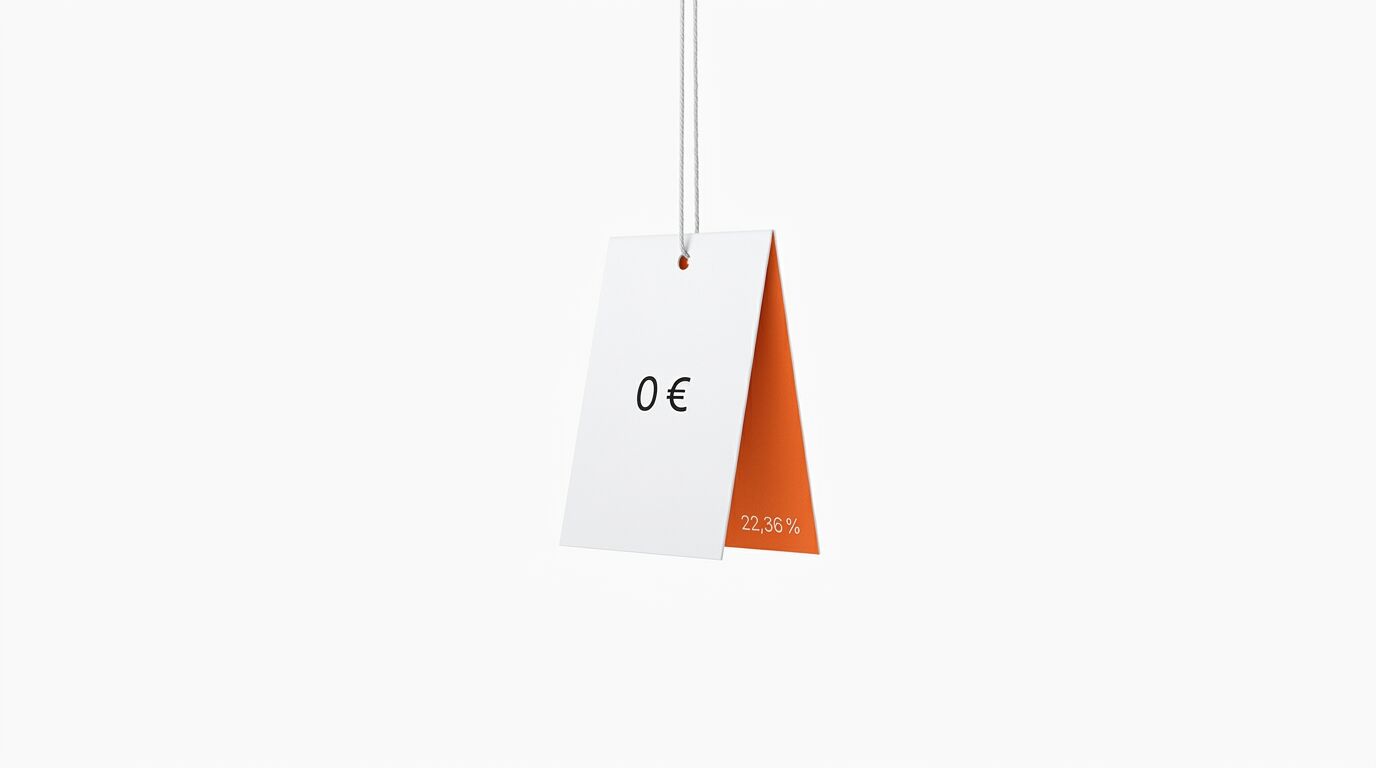 Hängendes Preisschild, weiß mit „0€“ und orange mit „22,36 %“ vor weißem Hintergrund
