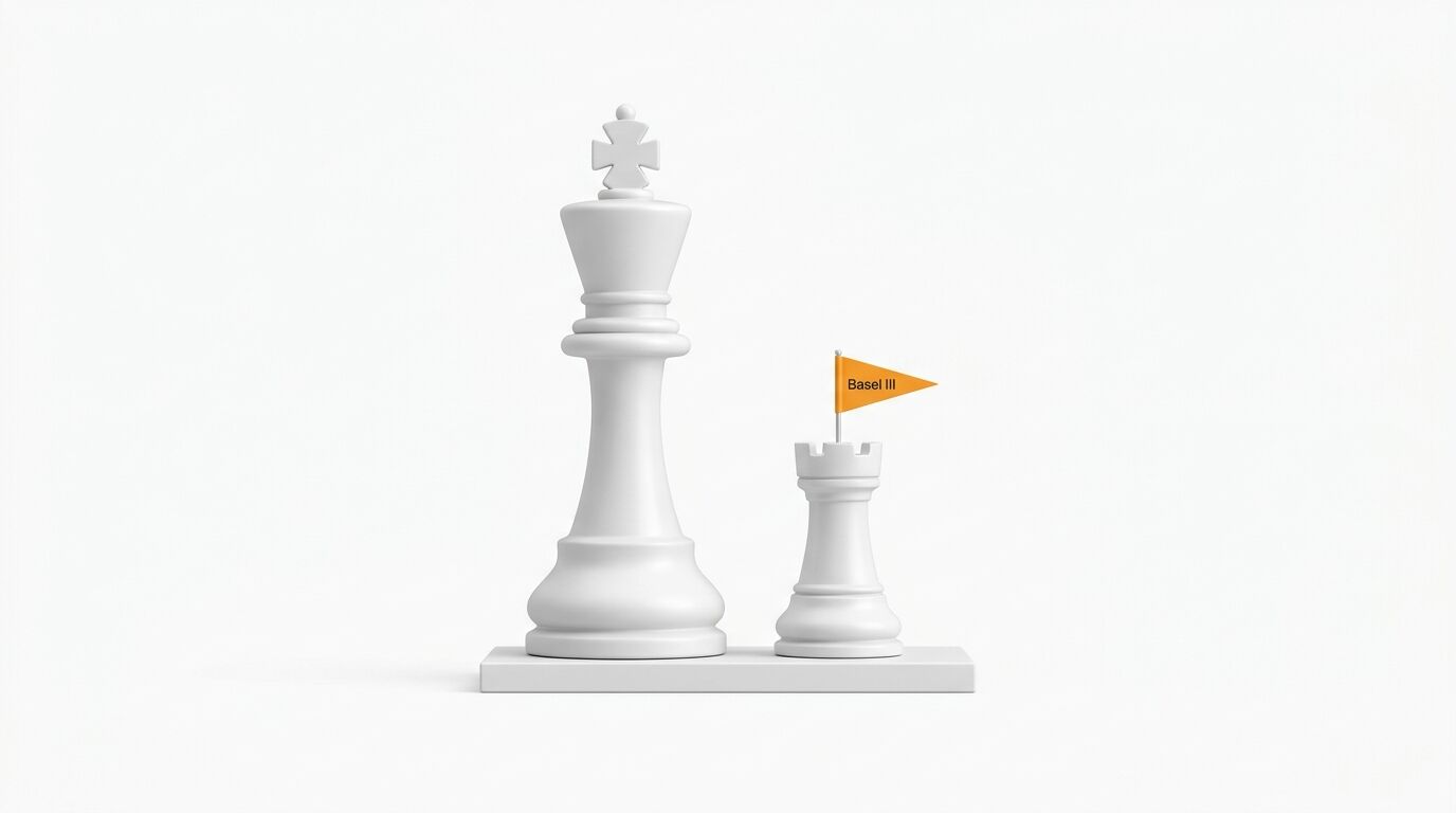 Weiße Schachfigur König und Turm mit orangefarbener Fahne „Basel III“ auf einem Sockel vor weißem Hintergrund