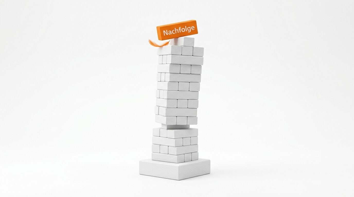 Turm aus weißen Klötzen, oben orangefarbener Klotz mit Aufschrift „Nachfolge“