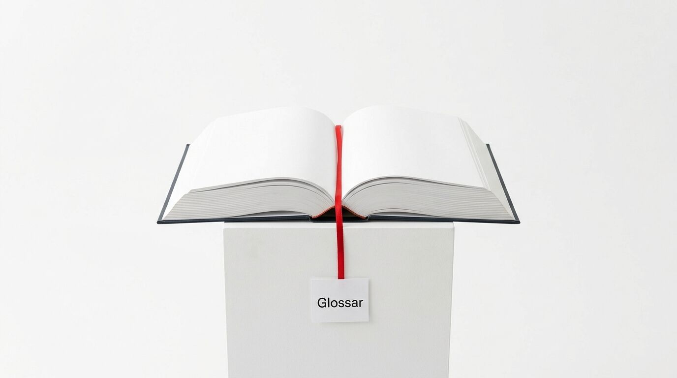 Ein offenes Buch auf weißem Sockel mit rotem Lesezeichen und Schild „Glossar“