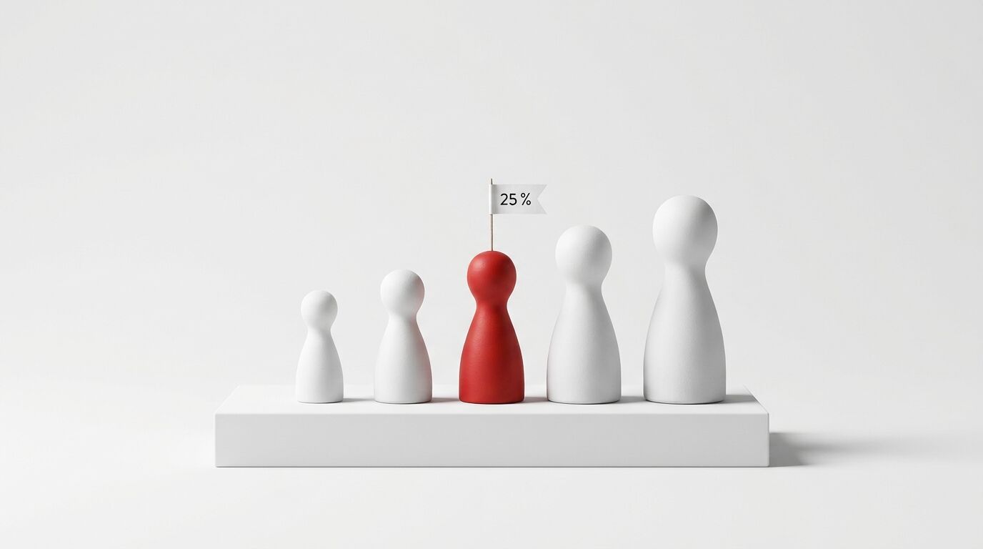 Größer werdende Spielfiguren auf Podest, mittlere rot mit „25%“-Fahne