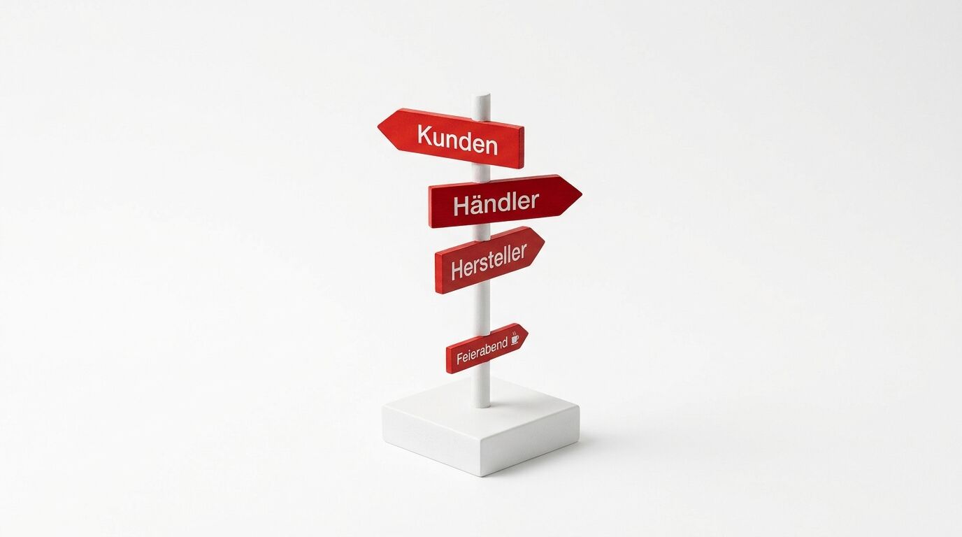 Wegweiser-Modell mit roten Pfeilschildern: Kunden, Händler, Hersteller, Feierabend