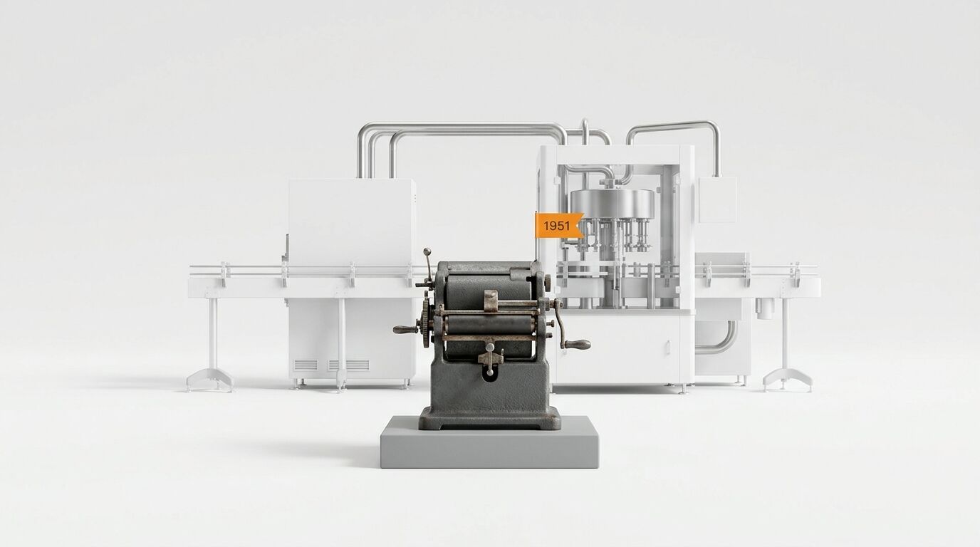 Historische Industriemaschine vor moderner, weißer Flaschenabfüllanlage