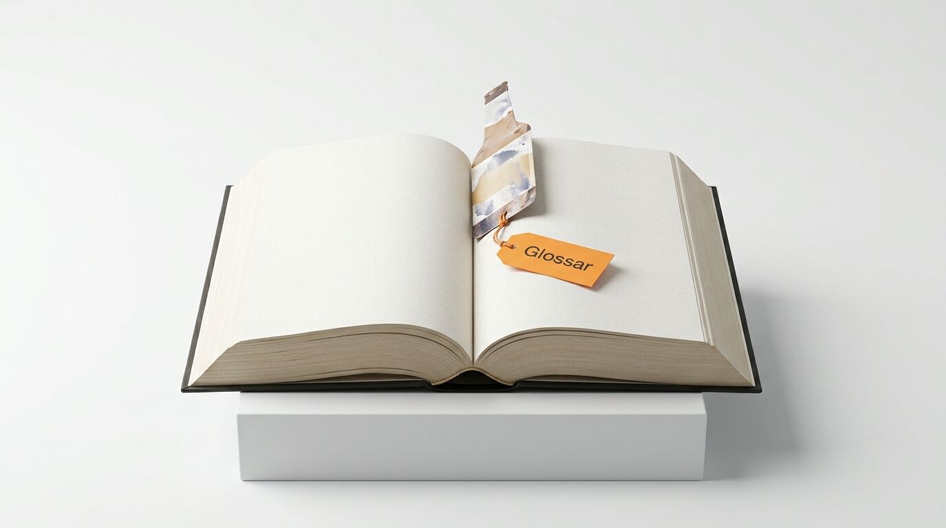 Aufgeschlagenes Buch mit einem Lesezeichen und einem orangefarbenen Anhänger mit der Aufschrift „Glossar“