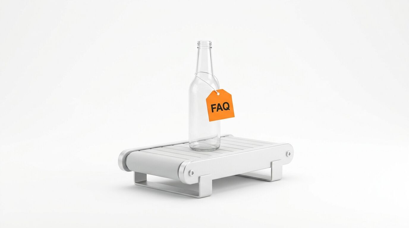 Leere Glasflasche mit orangefarbenem FAQ-Anhänger auf einem Förderband vor weißem Hintergrund