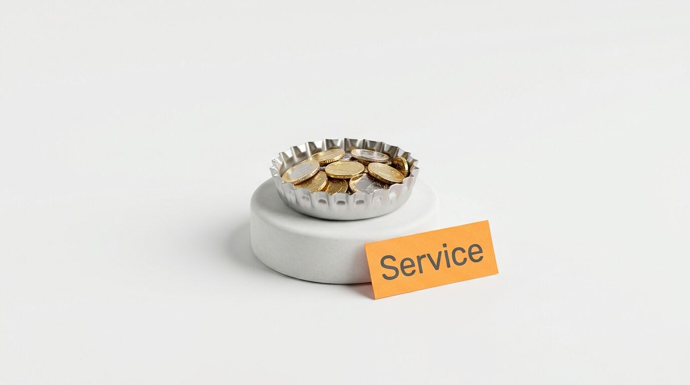 Münzen in einem Kronkorken auf einem Podest und ein Schild mit dem Wort „Service“ daneben