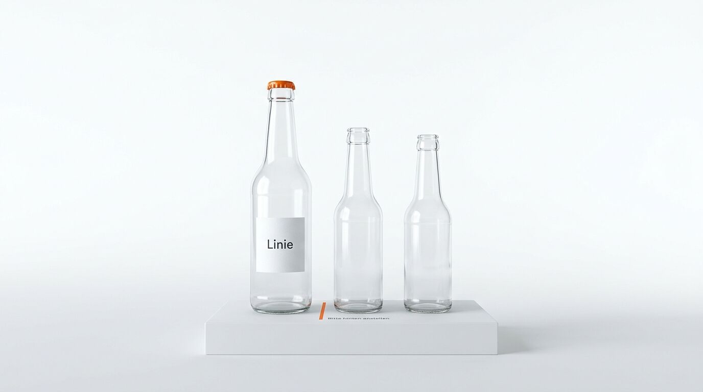 Drei leere Glasflaschen auf einem weißen Podest, eine mit Etikett und Kronkorken