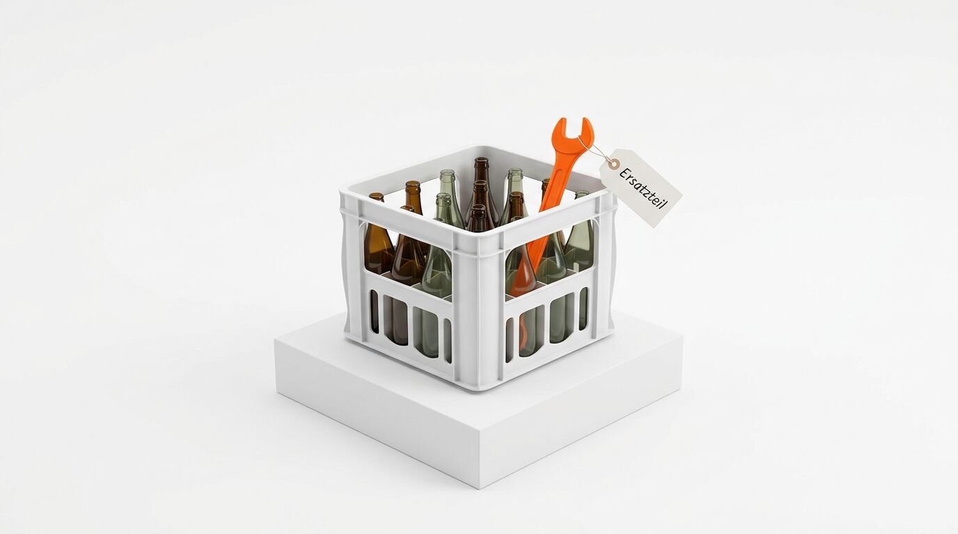 Weiße Getränkekiste mit Glasflaschen und einem orangen Maulschlüssel auf einem Podest