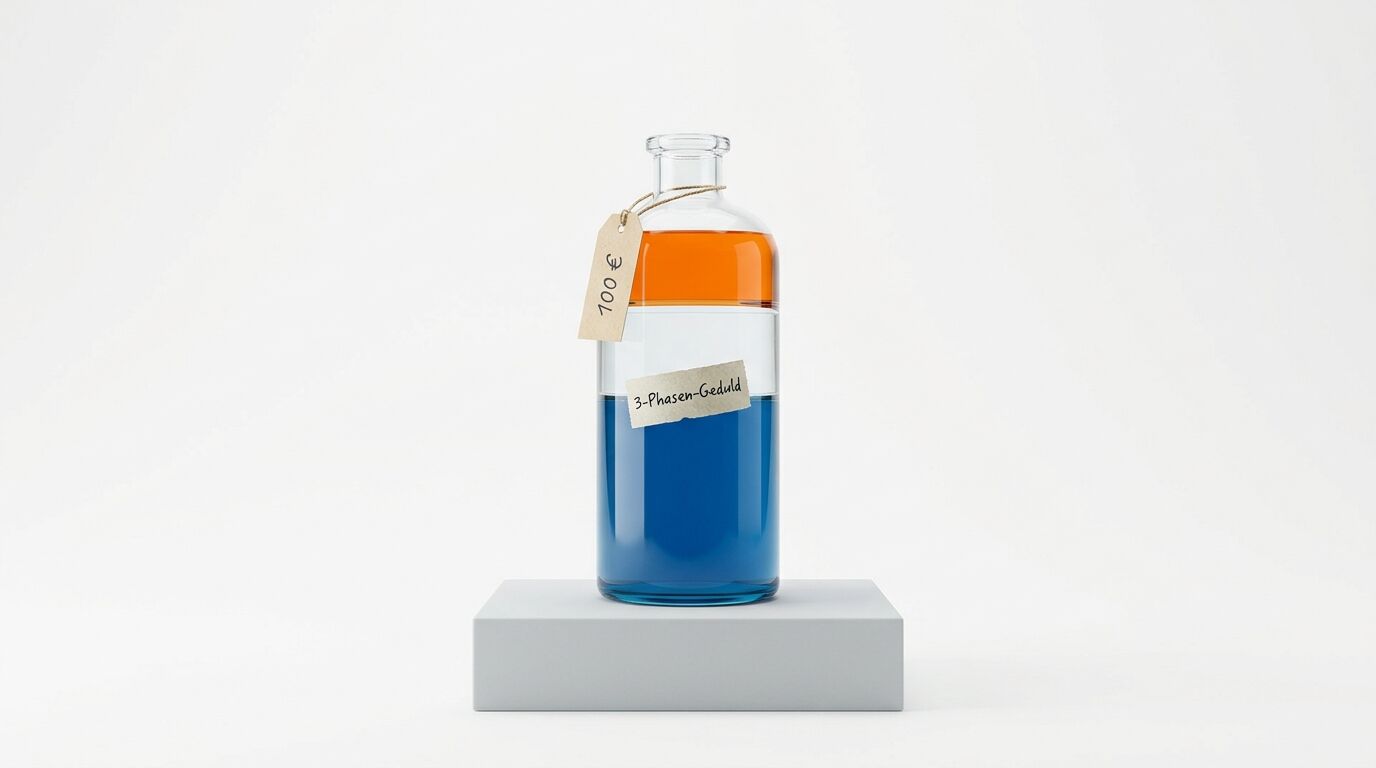 Glasflasche mit 3 farbigen Schichten, Preisschild „100 €“ und Etikett „3-Phasen-Geduld“ auf Podest