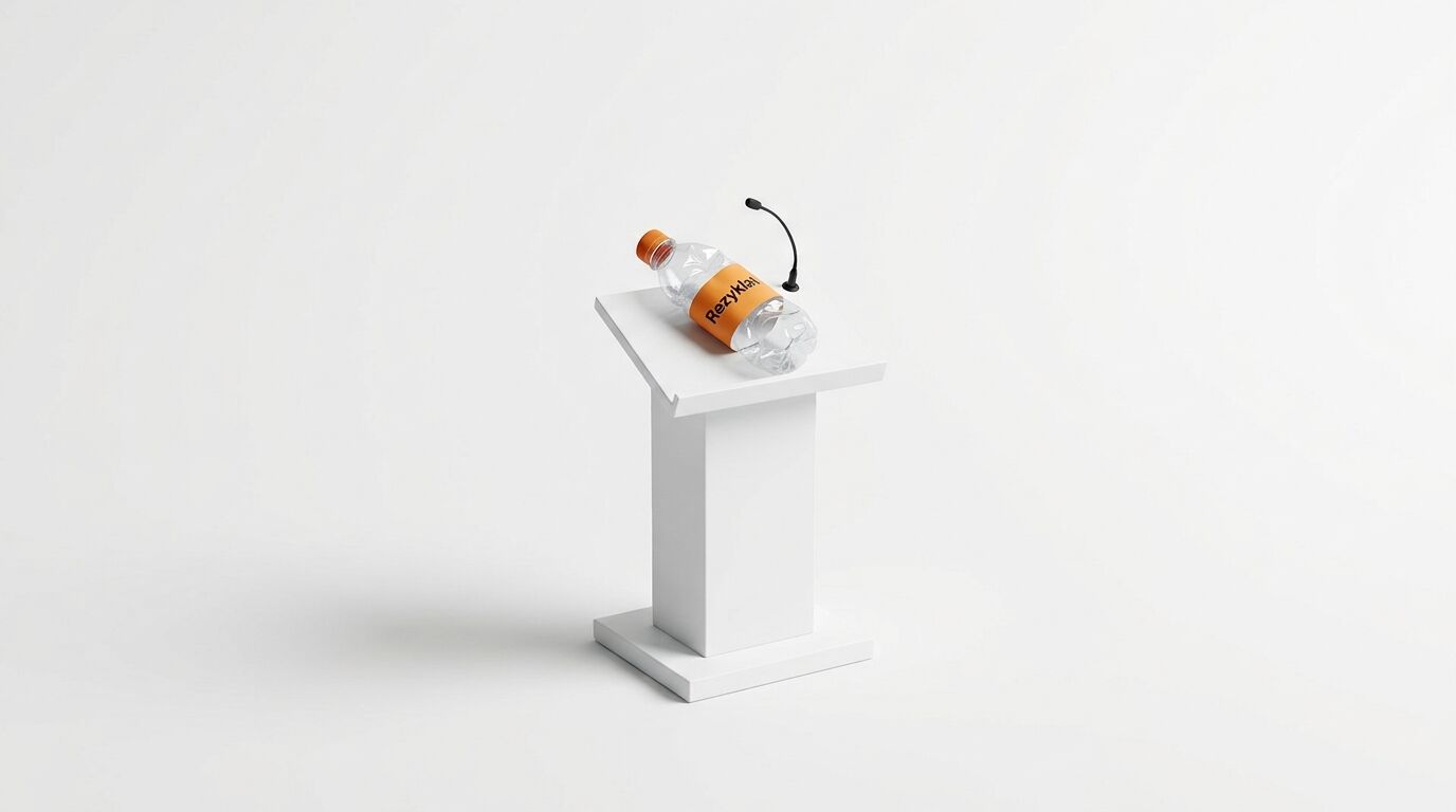 Kunststoffflasche mit Aufschrift „Rezyklat“ und orangefarbenem Deckel auf weißem Rednerpult