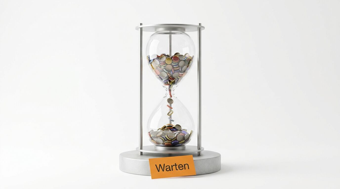 Sanduhr mit bunten Kronkorken gefüllt, davor ein orangefarbenes Schild mit Aufschrift „Warten“