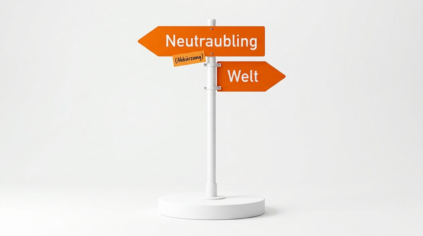 Orange Wegweiser nach links für Neutraubling (Abkürzung) und rechts für Welt auf weißem Grund