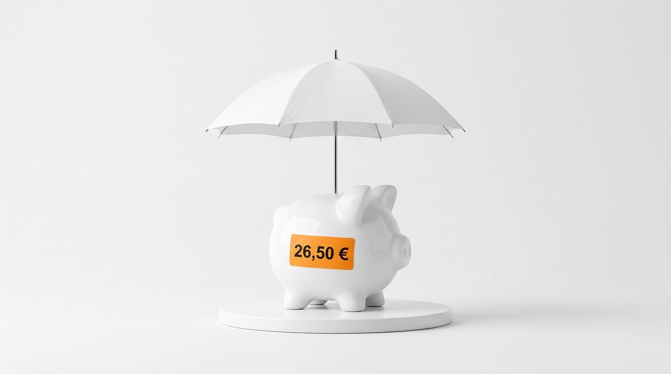 Weißes Sparschwein mit 26,50-Euro-Aufkleber unter einem weißen Regenschirm