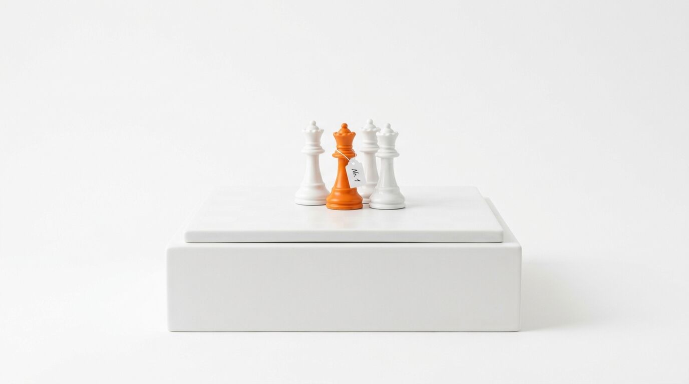 Fünf Schachdamen auf weißem Podest, die mittlere ist orange mit einem