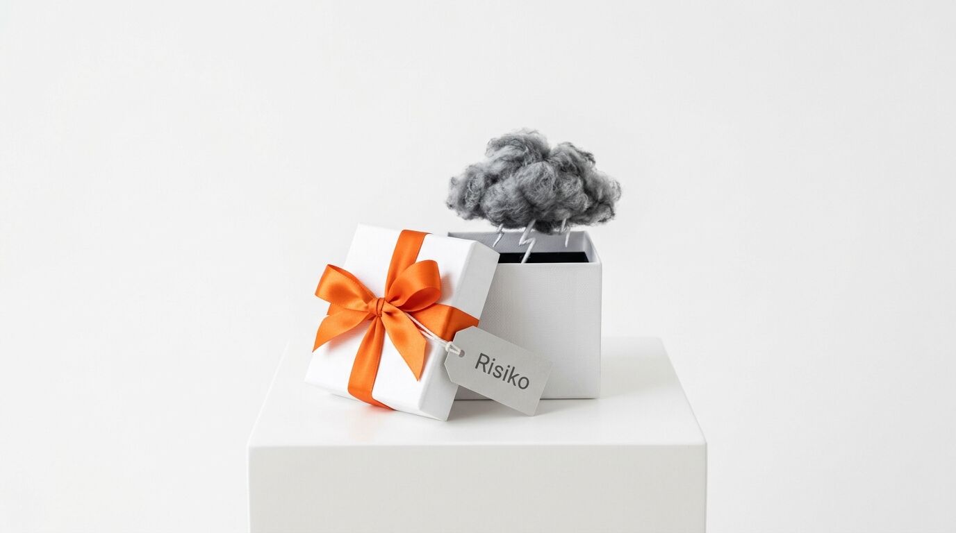 Offene Geschenkbox mit Gewitterwolke und Etikett „Risiko“ auf weißem Sockel