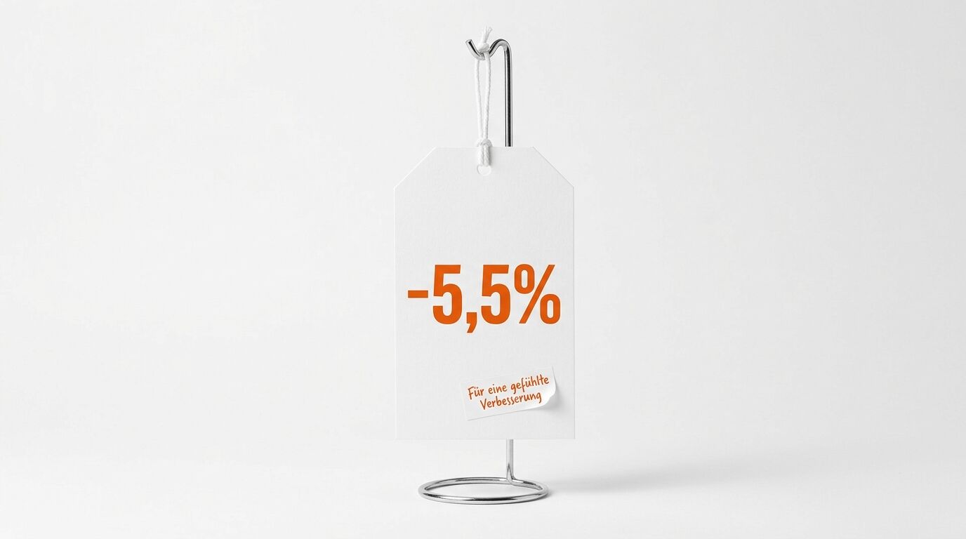 Etikett: „-5,5%“ in Orange, unten klein „Für eine gefühlte Verbesserung“ auf Weiß
