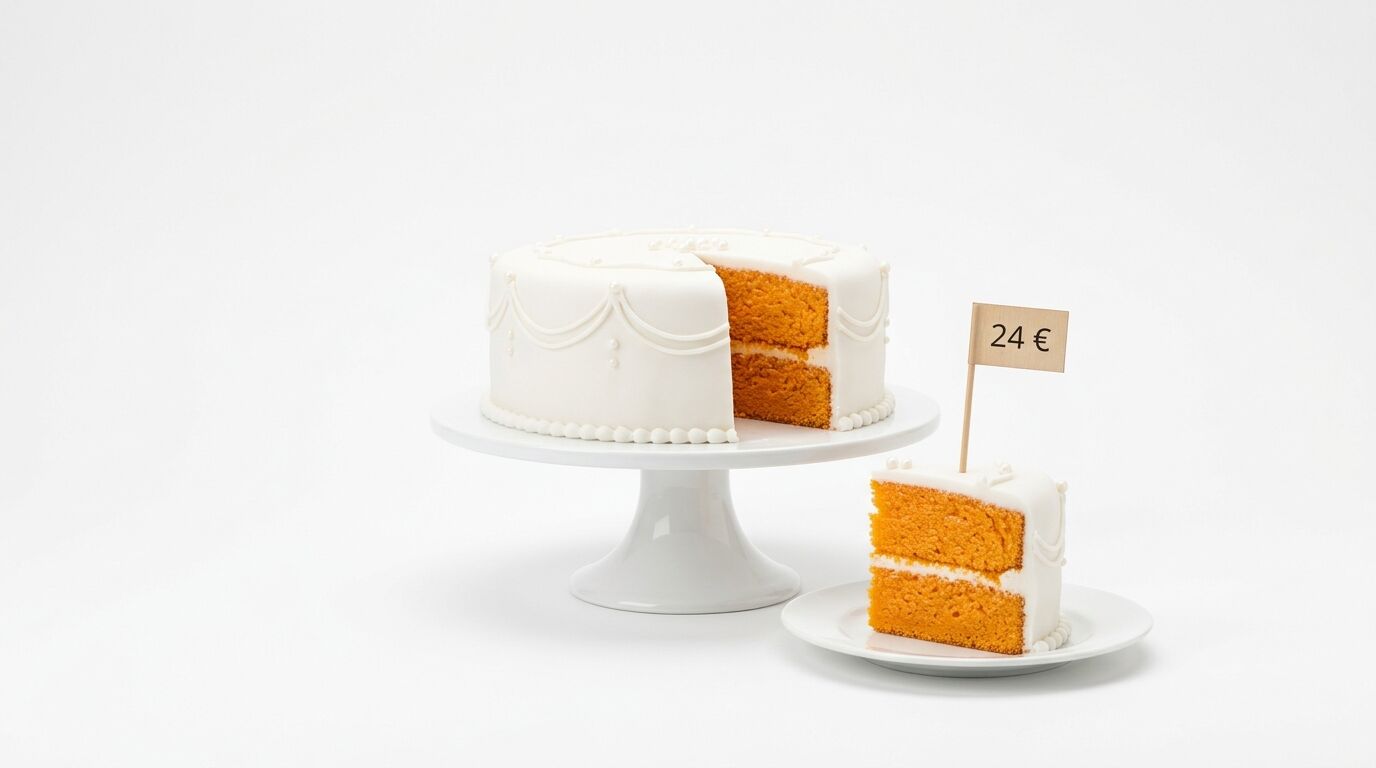 Kuchen mit weißem Fondant und orangefarbenem Inneren, daneben ein Stück mit 24 € Preisschild