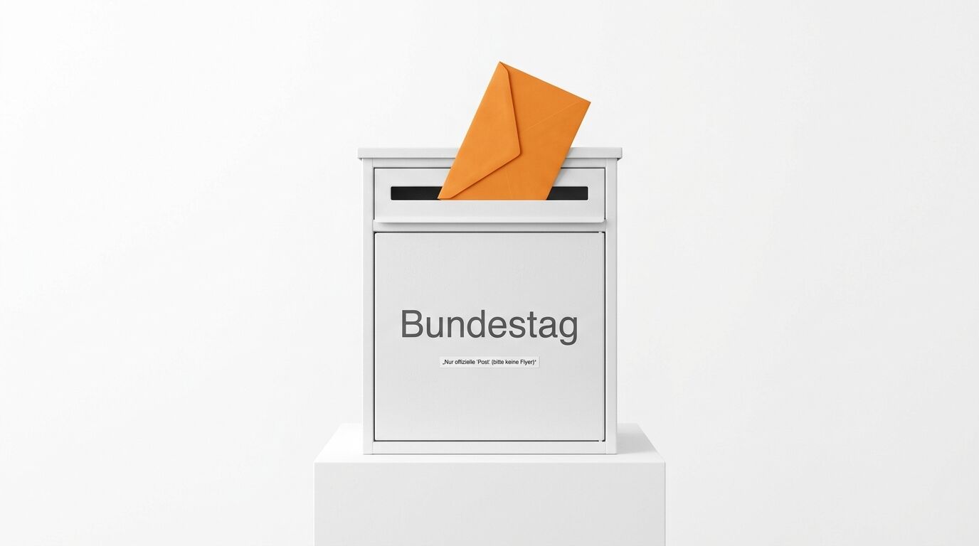 Weißer Briefkasten mit Aufschrift „Bundestag“ und steckendem orangem Briefumschlag