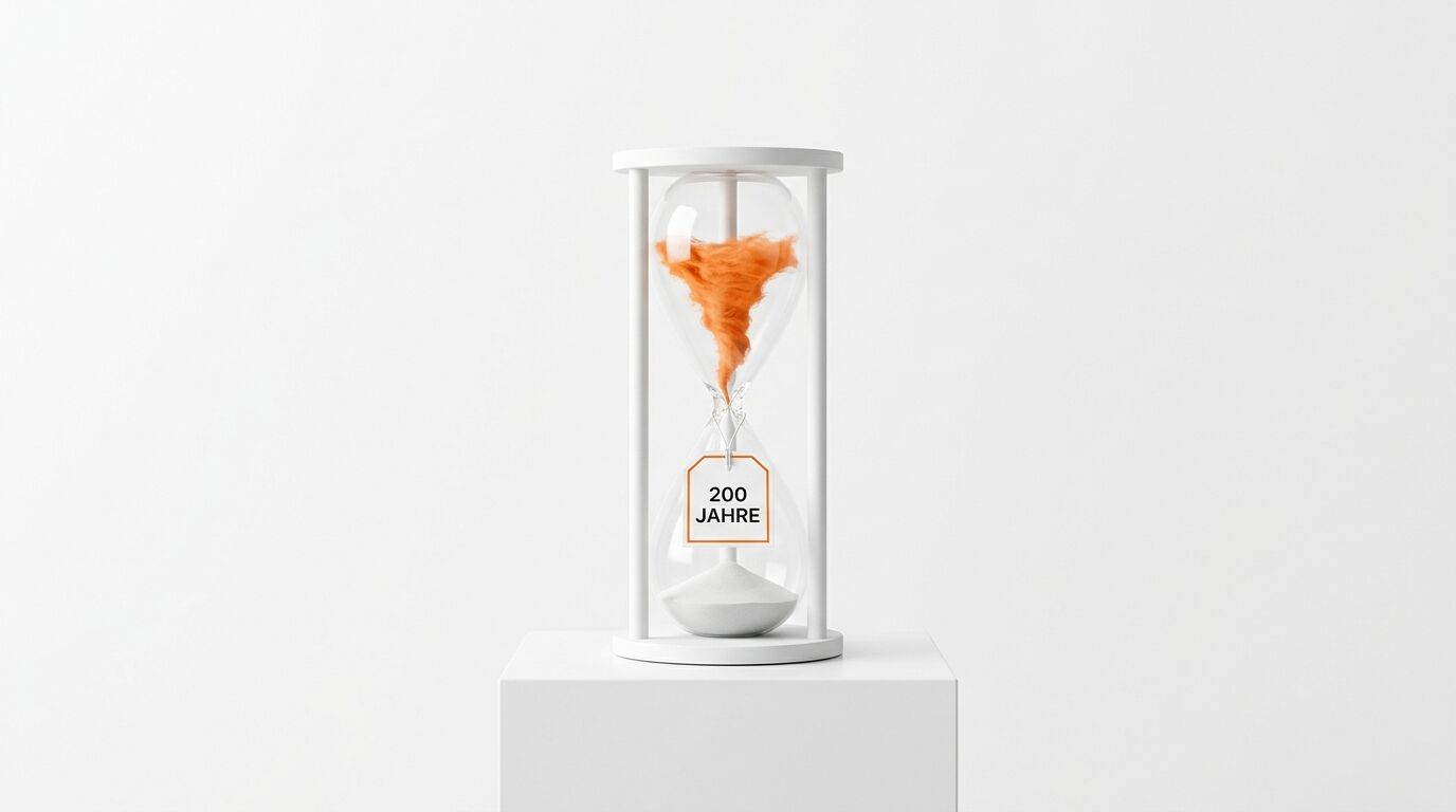 Sanduhr mit oranger Wolke und Schild „200 JAHRE“ auf weißem Sockel