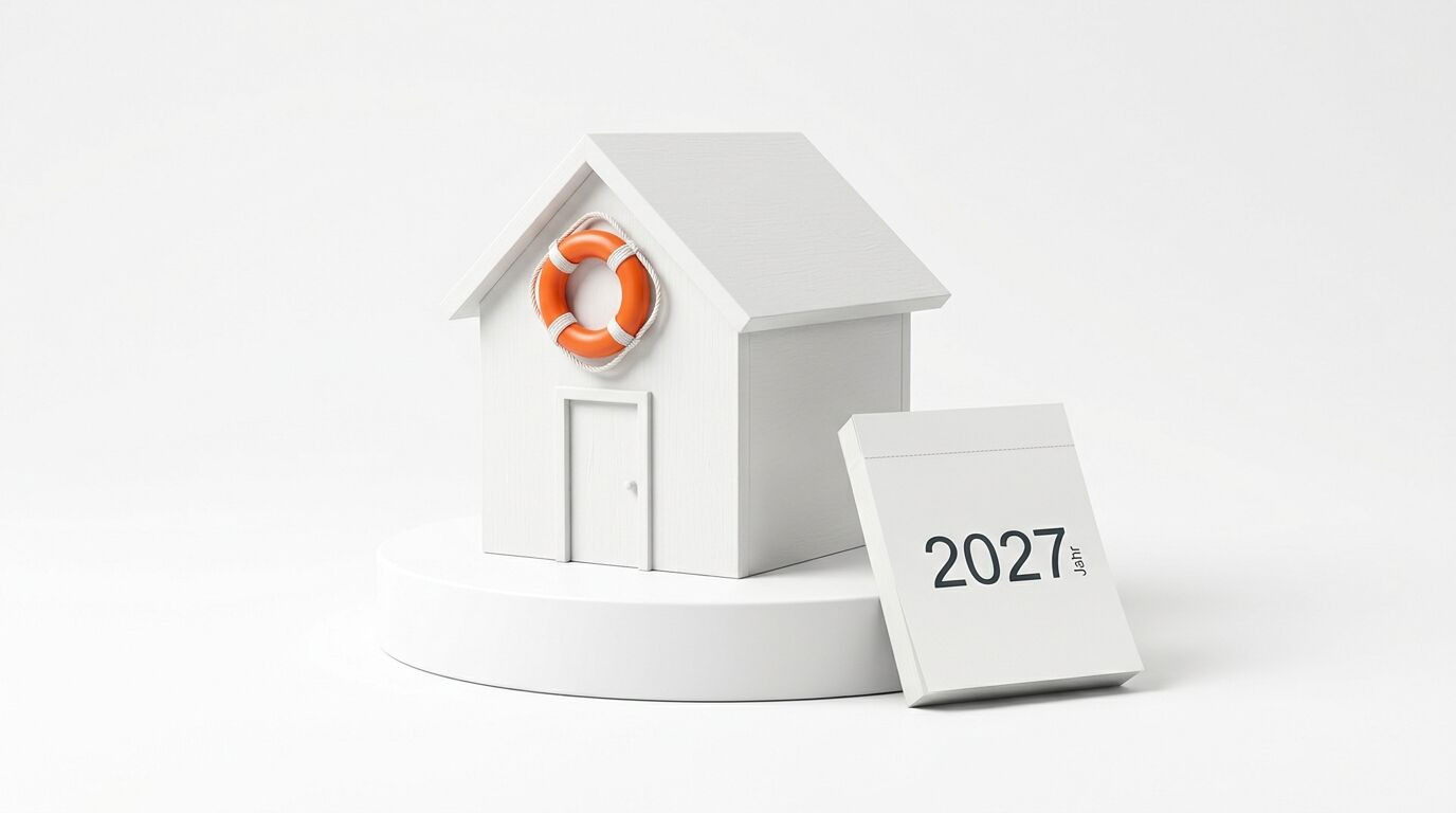 Weißes Hausmodell mit Rettungsring und Kalender 2027 auf weißem Podest