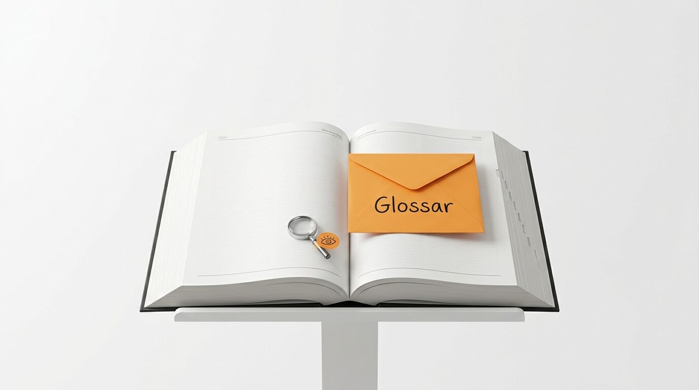 Offenes Buch mit Briefumschlag (Text „Glossar“) und Lupe auf weißem Pult vor weißem Hintergrund