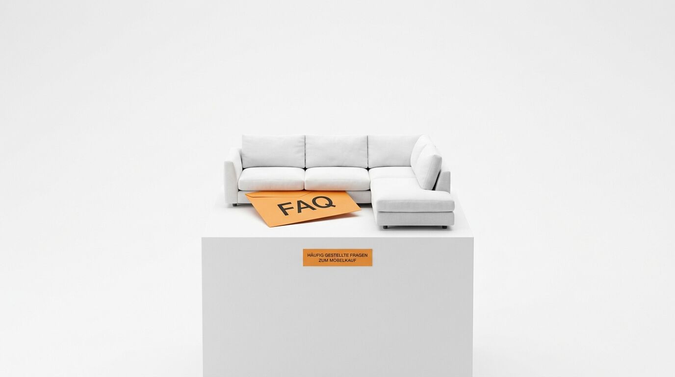 Weißes Miniatursofa mit orangefarbenem FAQ-Briefumschlag auf weißem Podest
