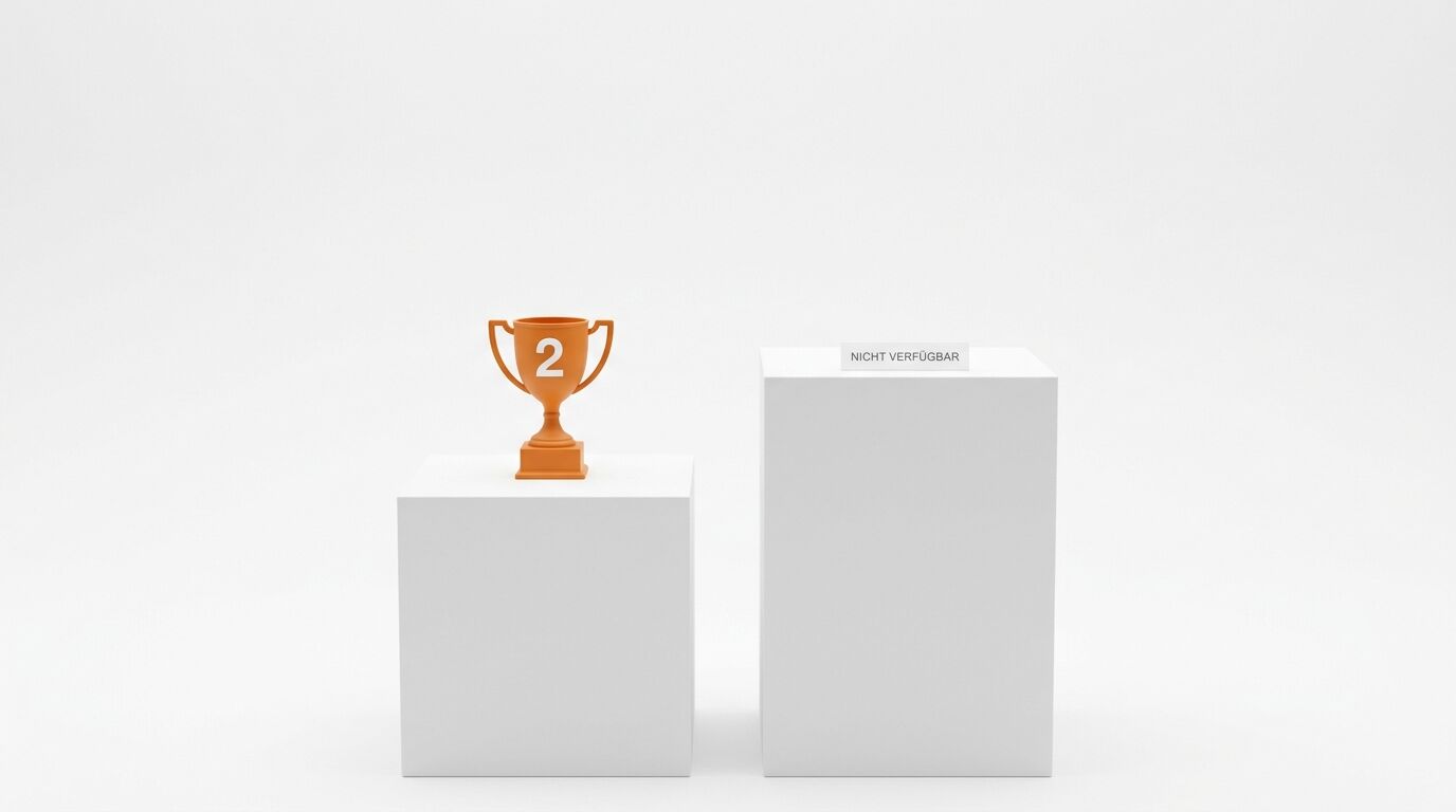 Zwei weiße Podeste, links ein Pokal mit der Zahl 2, rechts ein Schild „NICHT VERFÜGBAR“