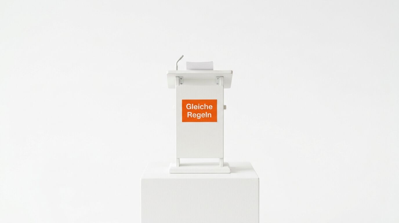 Weißes Rednerpult auf Sockel vor weißem Hintergrund mit Aufschrift „Gleiche Regeln“ in Orange