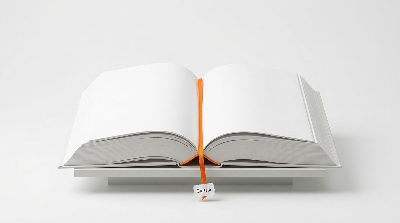 Ein offenes Buch mit orangem Lesezeichen und Glossar-Schildchen