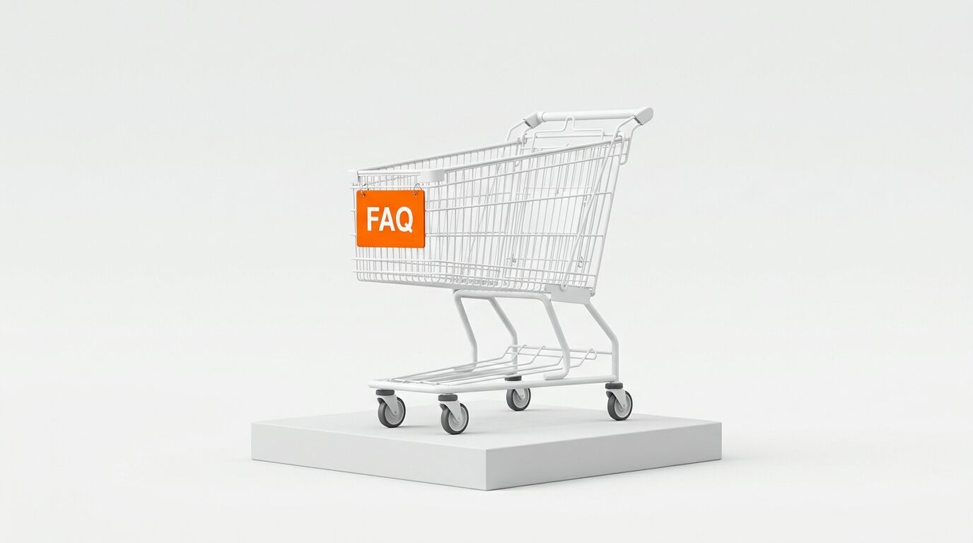 Weißer Einkaufswagen auf Podest mit orangem „FAQ“-Schild