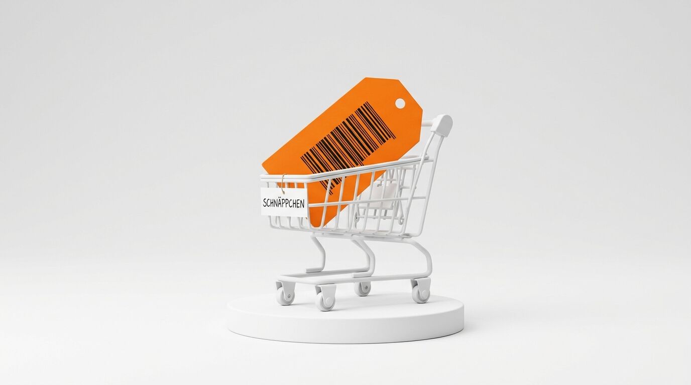 Einkaufswagen mit Barcode-Anhänger und Schild „SCHNÄPPCHEN“ auf Podest