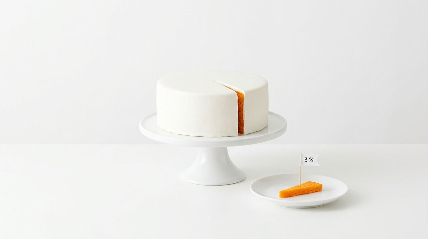 Weißer Kuchen auf Ständer, angeschnitten, daneben Teller mit 3%-Fähnchen