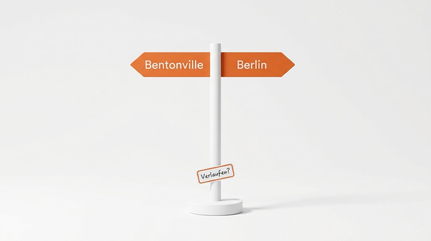 Wegweiser nach Bentonville und Berlin, darunter ein Schild mit der Aufschrift „Verlaufen?“