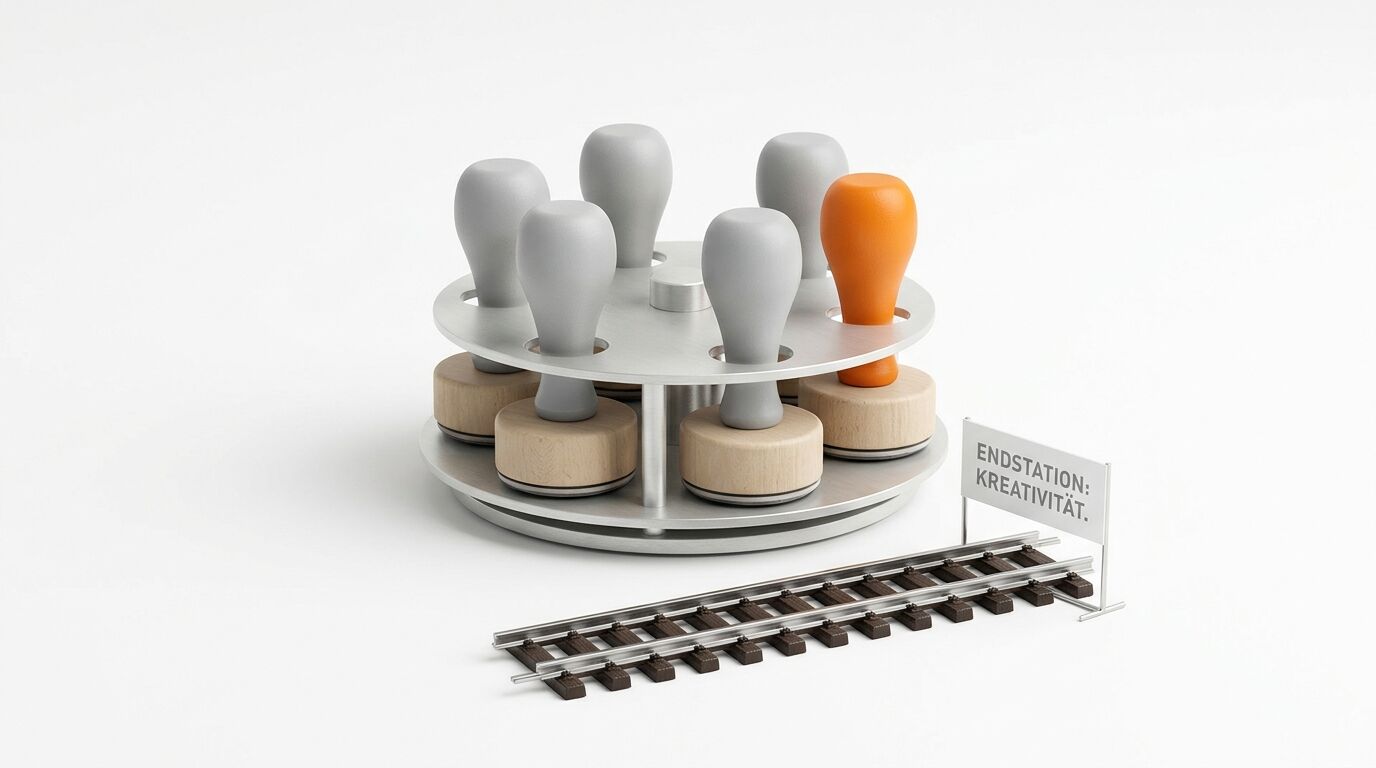 Stempelkarussell mit grauem u. orangefarbenem Stempel, Bahngleis und Schild vor weißem Hintergrund