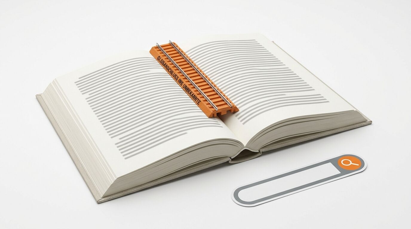 Buch mit Schienenelement und Suchleisten-Aufkleber auf weißem Grund