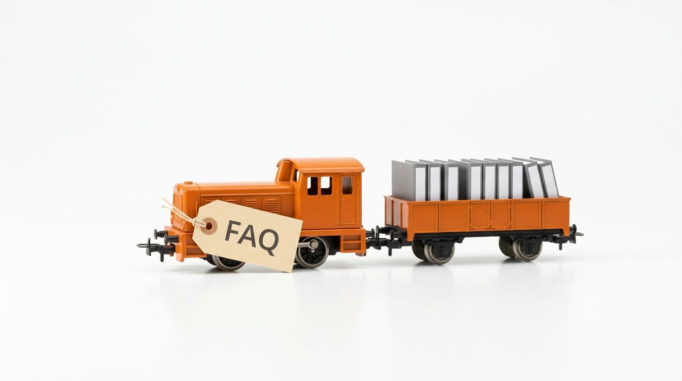 Orangene Spielzeugeisenbahn mit „FAQ“-Schild und Aktenordnern auf Wagon vor weißem Hintergrund