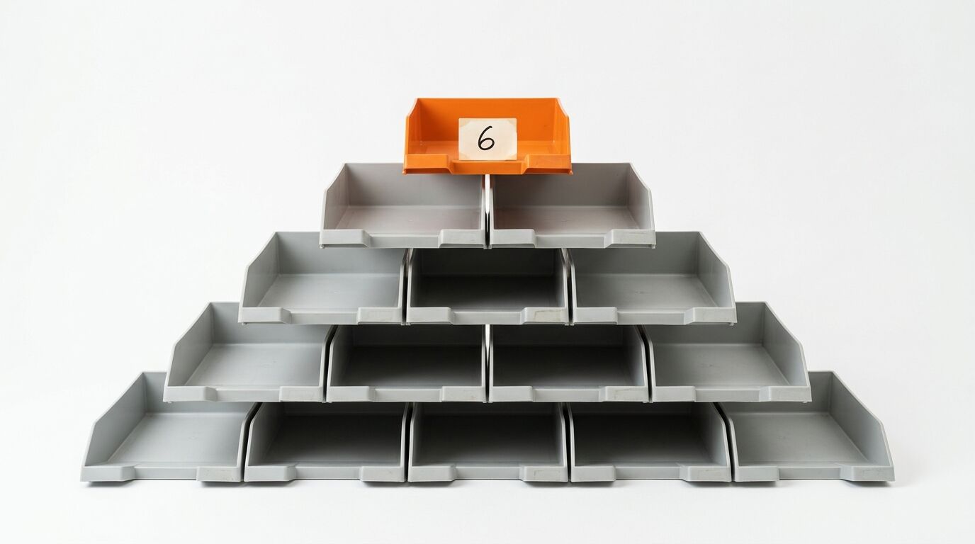 Graue Ablagefächer sind pyramidenförmig gestapelt, oben ein orangefarbenes Fach mit der Nummer sechs