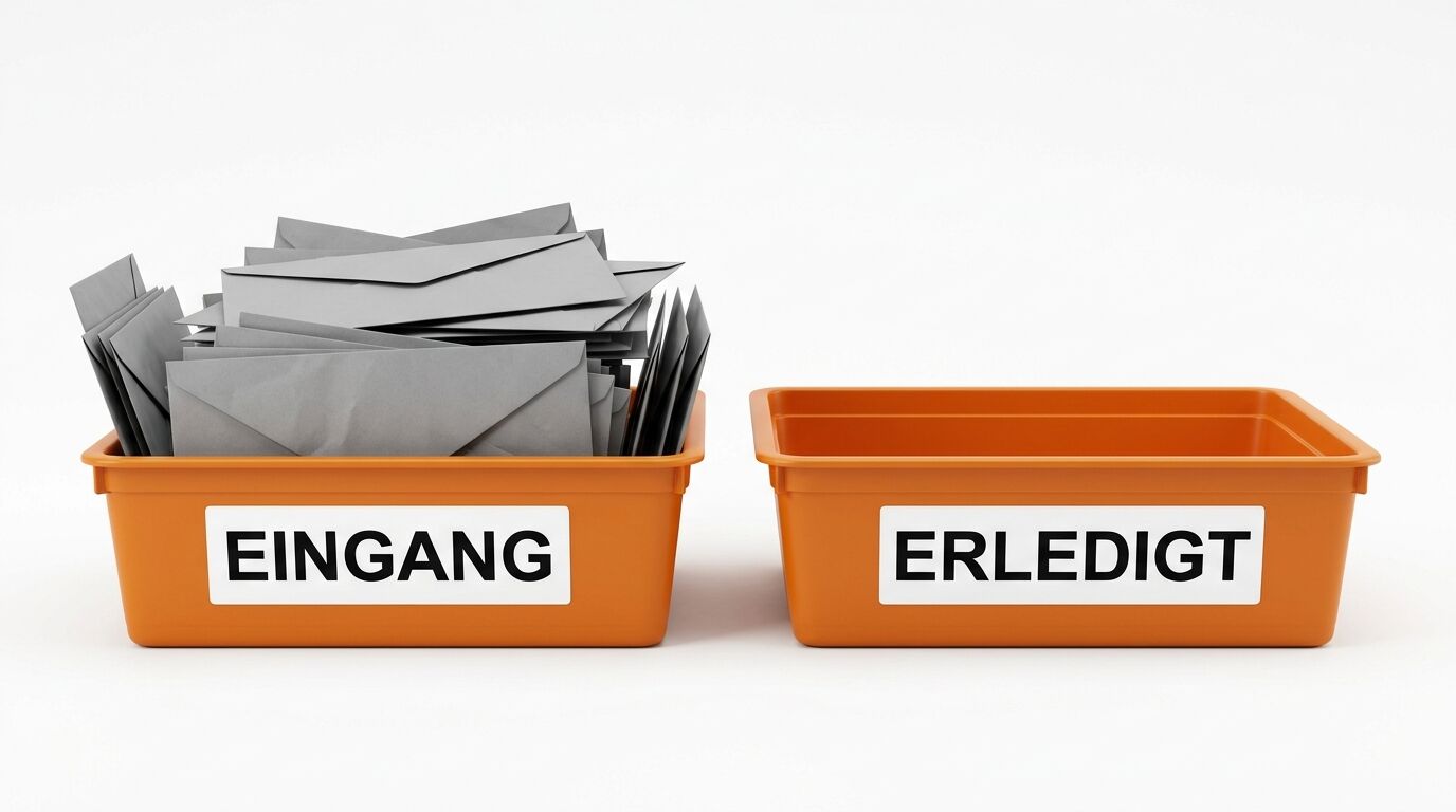 Zwei orangefarbene Kunststoffwannen auf weißem Grund. Die linke Wanne ist voll mit grauen Briefumschlägen und trägt das Label „EINGANG“. Die rechte Wanne ist leer und trägt das Label „ERLEDIGT“