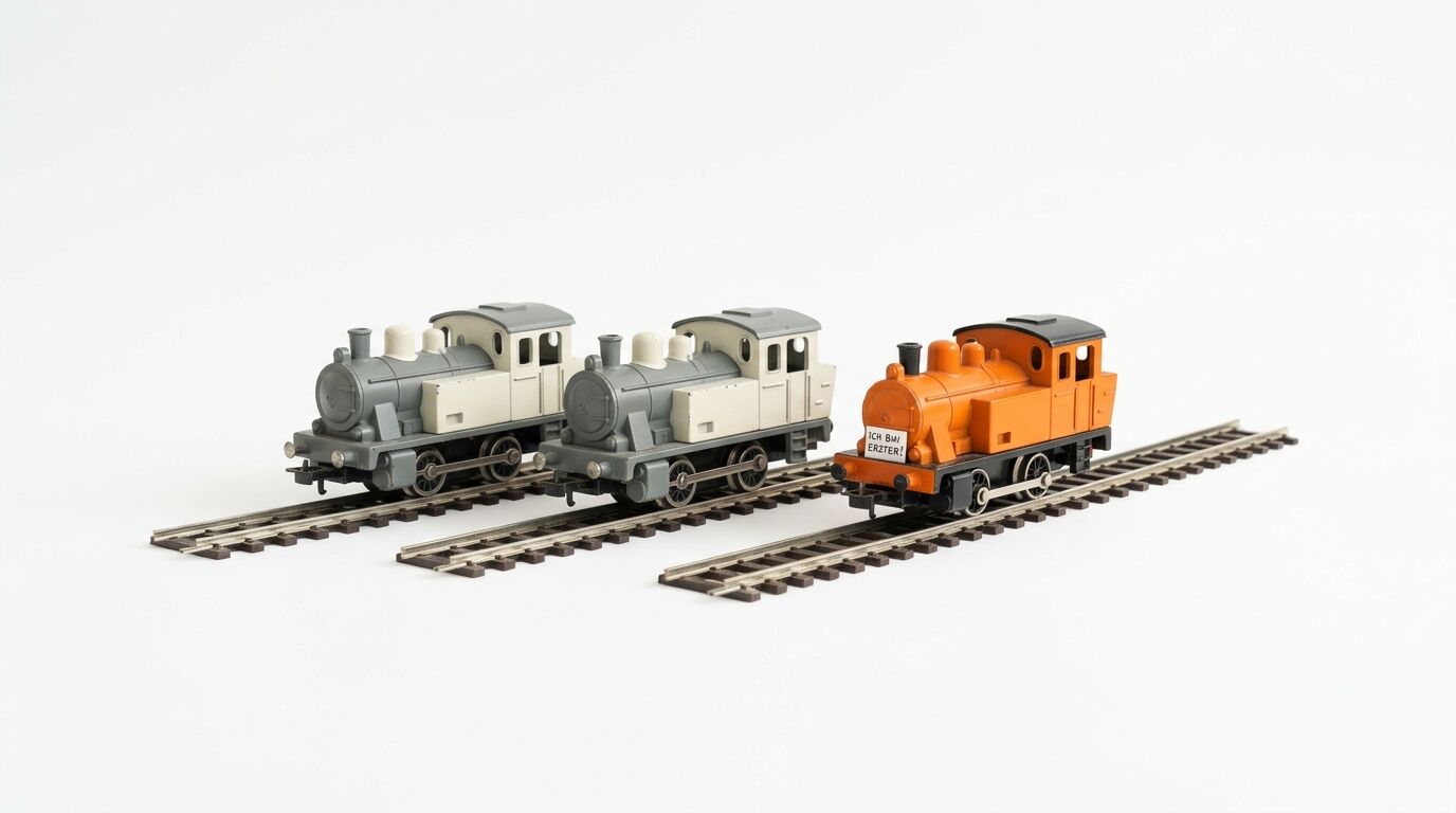 Zwei graue und eine orangefarbene Modelleisenbahn auf Gleisen nebeneinander