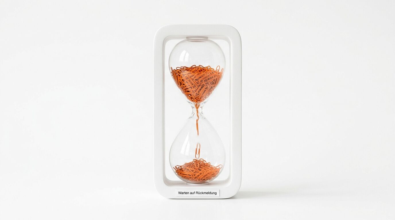 Eine Sanduhr mit orangefarbenen Büroklammern und dem Text 