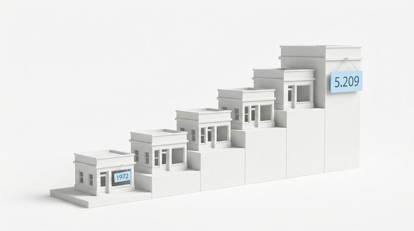 Aufsteigendes Diagramm aus weißen Modellhäusern mit den Jahreszahlen 1972 und 5209