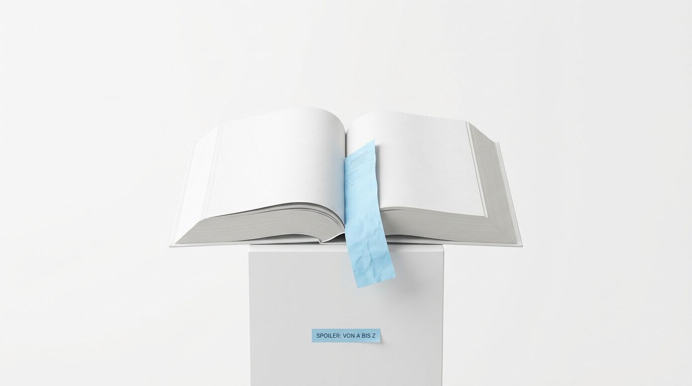 Geöffnetes weißes Buch auf einem Sockel mit blauem Kassenbon und Schriftzug vor weißem Hintergrund